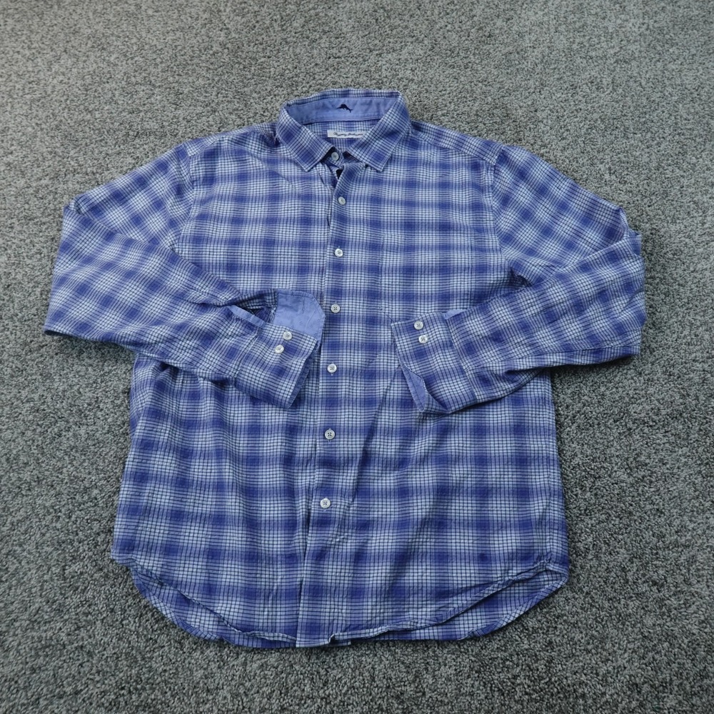 Tommy Bahama Shirt Mens M Blue Plaid Herringbone Seersucker Button Up Preppy